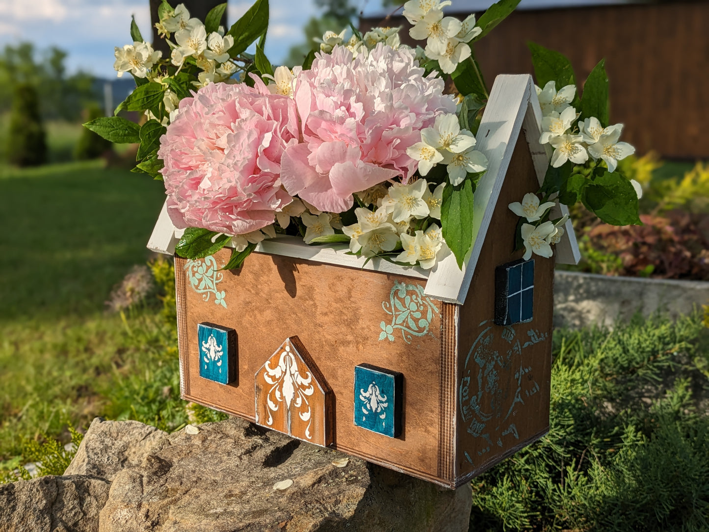 Handcrafted Wooden Flowerpot - House Shaped
